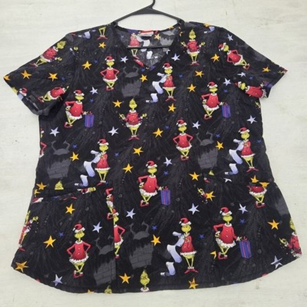 Dr. Seuss Womens Scrub Top Large Black Graphic Grinch Christmas Short Sleeve